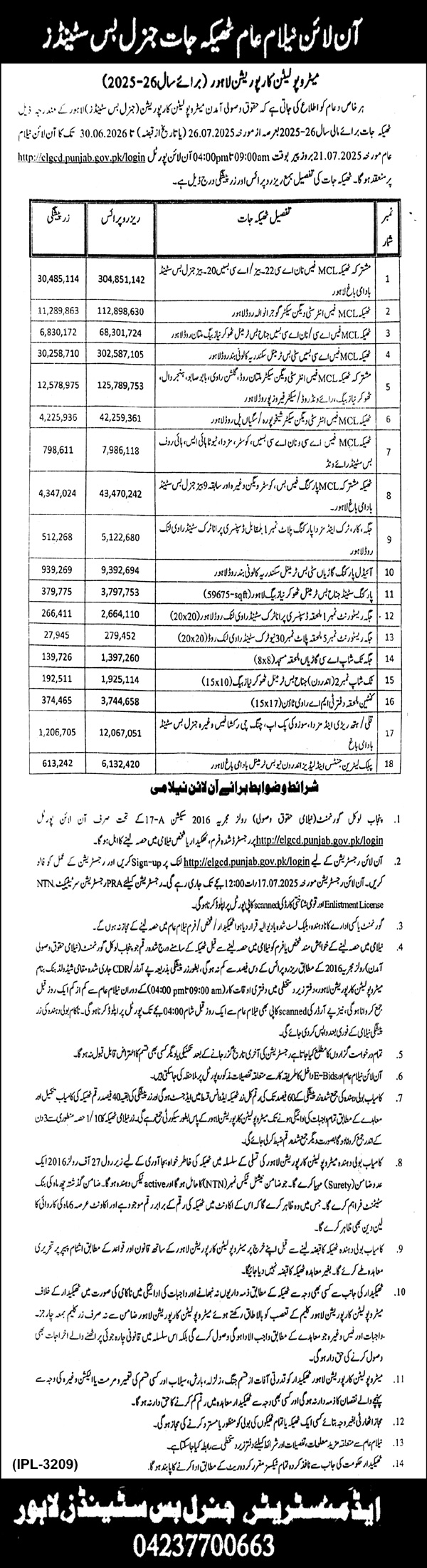 Metropolitan Corporation Lahore Tender Notice